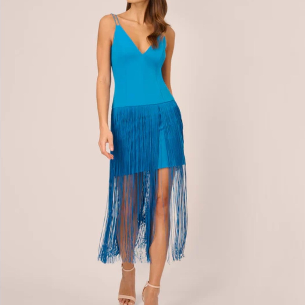 Adrianna Papell blue crepe fringe mini/midi dress